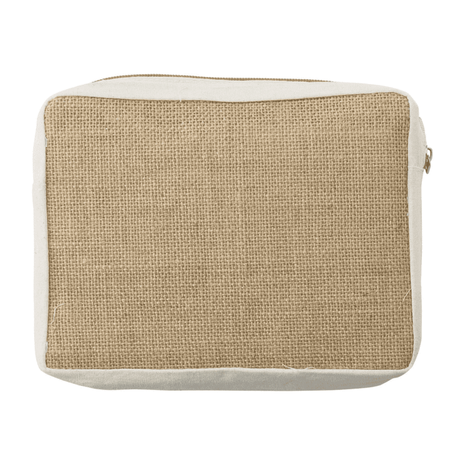A jute cosmetic bag featuring a tan woven texture with a light cream base and a zip closure.