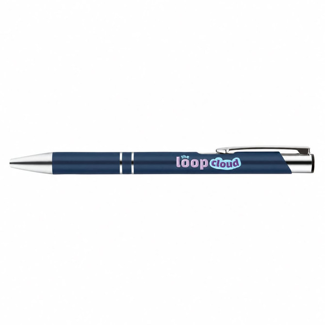 A navy blue gel ink pen with a silver clip and detailed branding on the barrel.