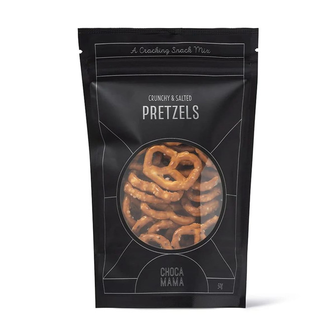 A black packaging bag filled with crunchy, salted pretzels. The bag features a logo and decorative design.