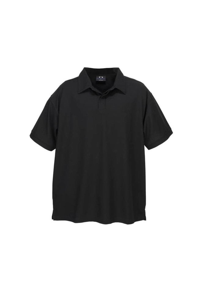 A black short sleeve polo shirt with a collared neckline and a logo on the chest.