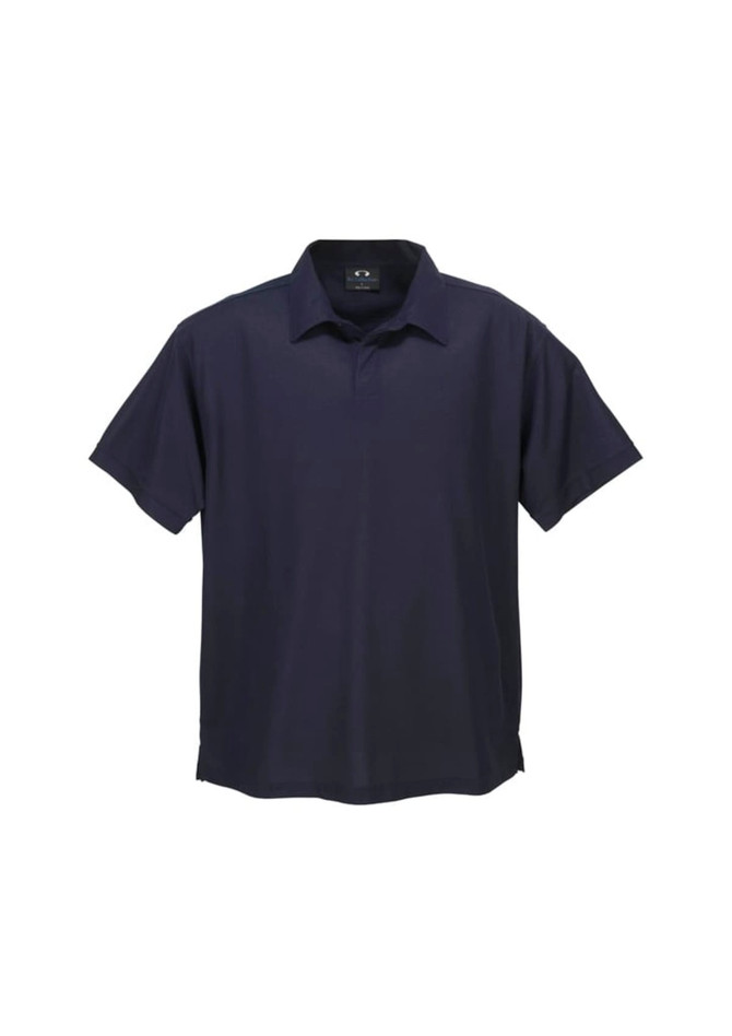 A navy blue short sleeve polo shirt with a collar and a logo, featuring a micro waffle texture.
