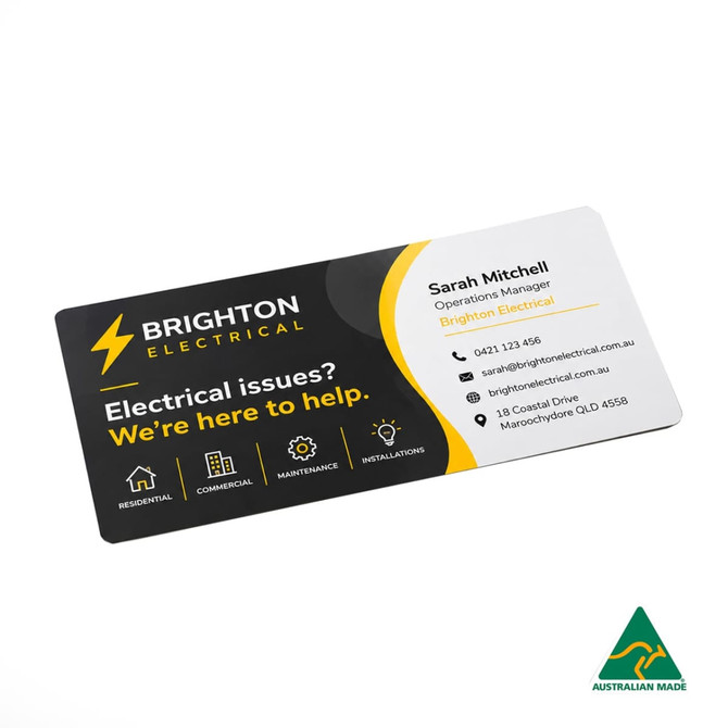A business card featuring a black and white design with yellow accents, including contact details and a logo.