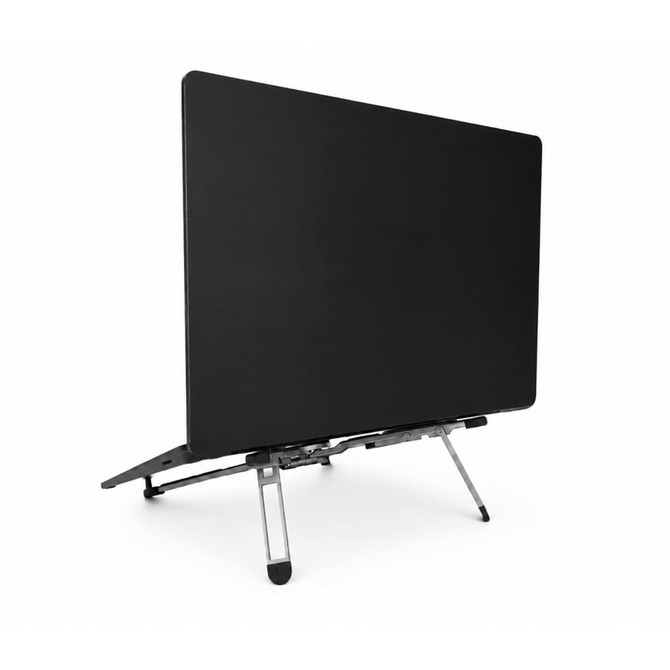 A black spider device stand with adjustable silver legs, angled for stability and support.