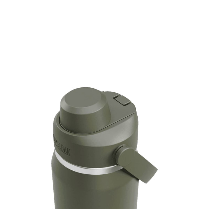 A drink bottle in olive green with a screw-top lid and a handle, featuring a logo on the side.