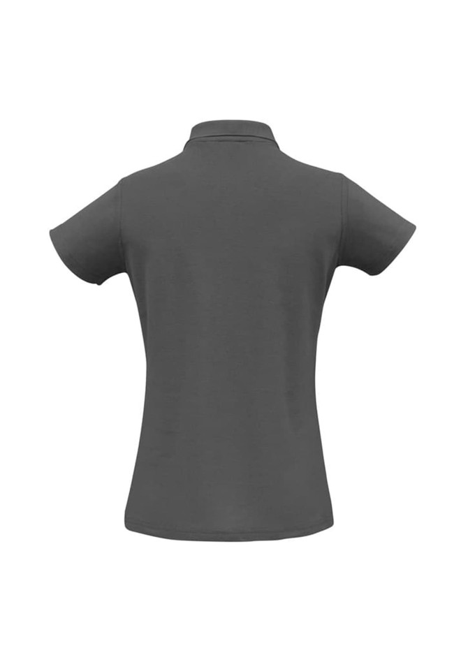 A grey ladies' polo shirt with short sleeves and a collar, featuring a logo. Back view is shown.