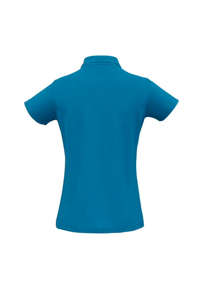 A blue ladies polo shirt with a collar and short sleeves, featuring a logo on the back.