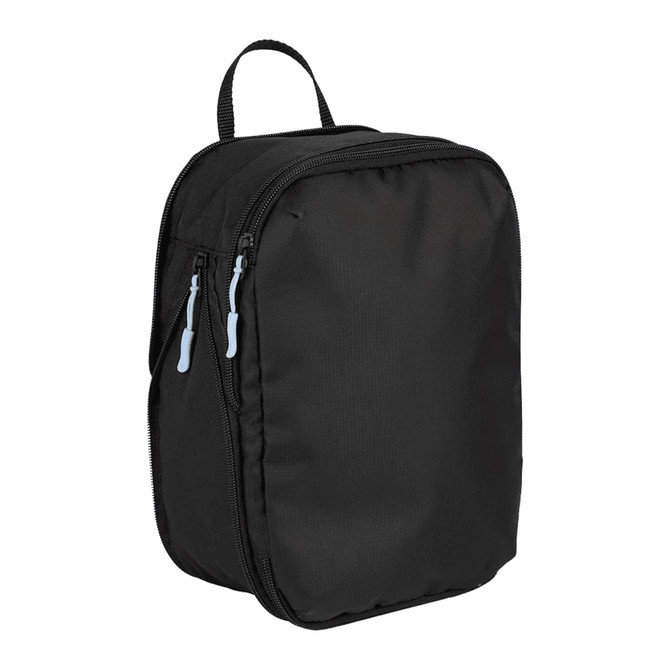 A black packing cube with two zippered compartments and a top handle, featuring light blue zip pulls.