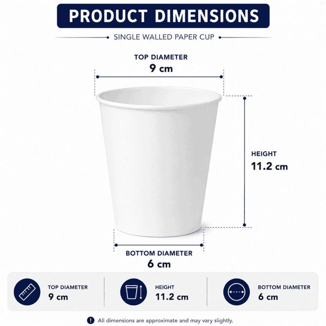 A single walled white paper cup with dimensions: top diameter 9 cm, bottom diameter 6 cm, height 11.2 cm. Features a logo.