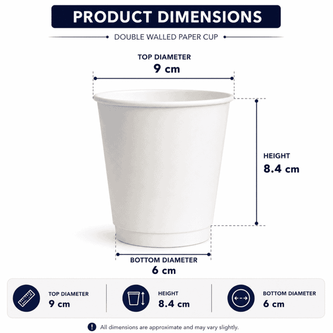 A double-walled paper cup in white, measuring 9 cm top diameter, 6 cm bottom diameter, and 8.4 cm height.