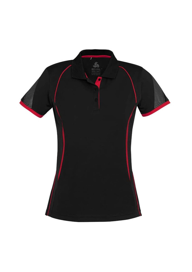 A black women's short sleeve polo with red accents and a logo on the collar. Features patterned sleeves.