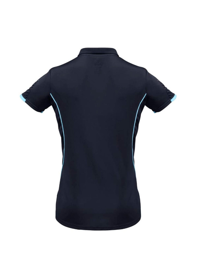 A women's short sleeve polo shirt in dark navy with light blue accents and a logo.