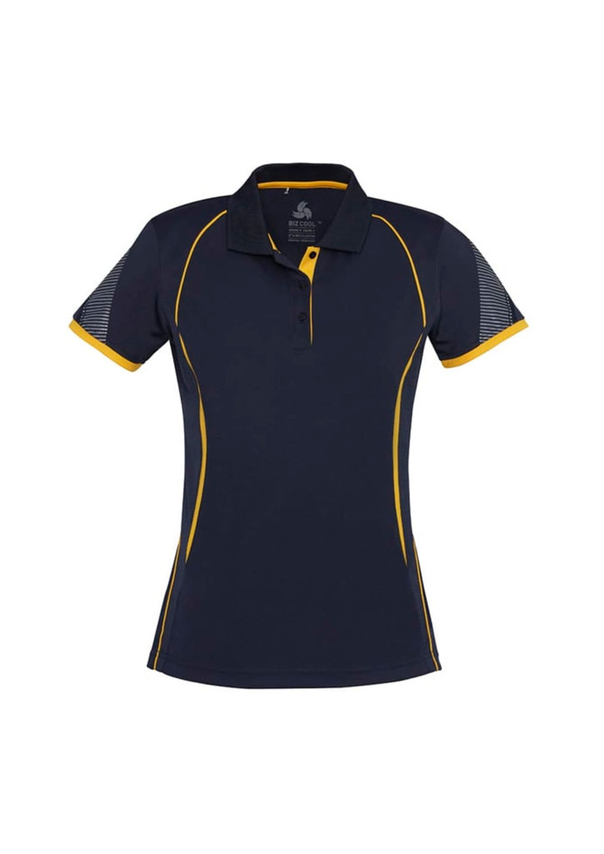 A dark navy women's polo shirt with yellow accents and a logo, featuring short sleeves and a classic collar.