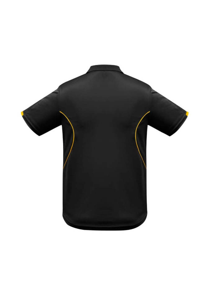 A black short sleeve polo shirt with yellow accents and a logo on the back.