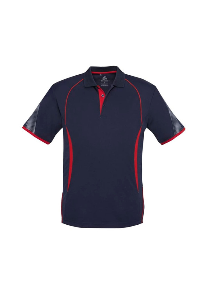 A navy blue polo shirt with red detailing and striped sleeves. It features a collar and a logo branding.