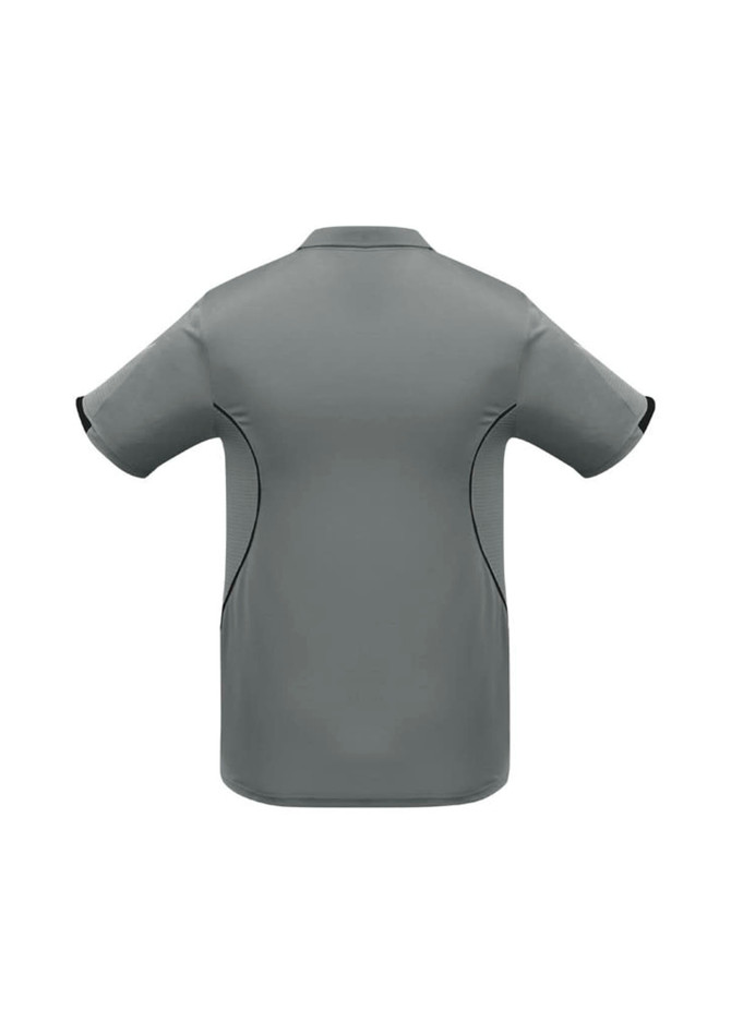 A grey short sleeve polo shirt featuring a sleek design and contrasting black accents. It has a logo on the back.