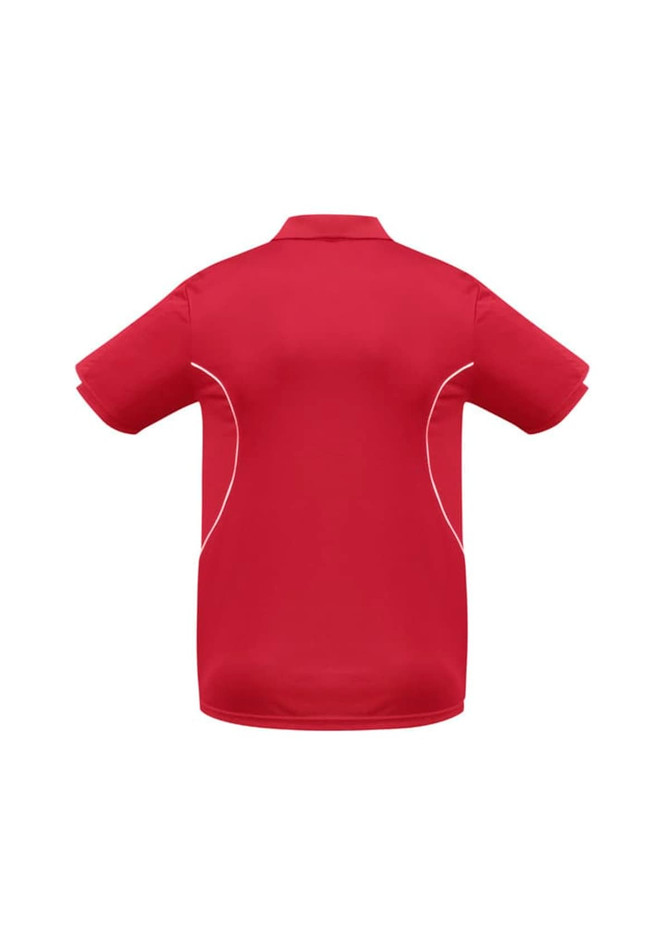 A red short sleeve polo shirt with contrasting white detailing and a logo on the chest.