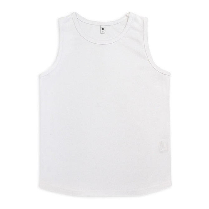 A plain white youth active tank top with a logo on the hem. The top features a sleeveless design.