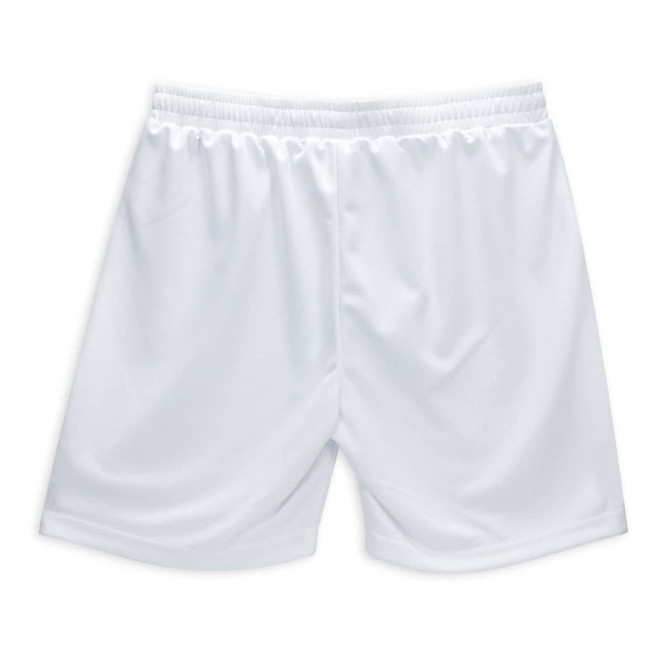 White active shorts featuring an elastic waistband and a plain design, with a logo on the back.