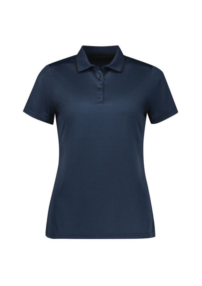 A navy short sleeve polo shirt for women, featuring a collar and button placket, with a subtle texture.