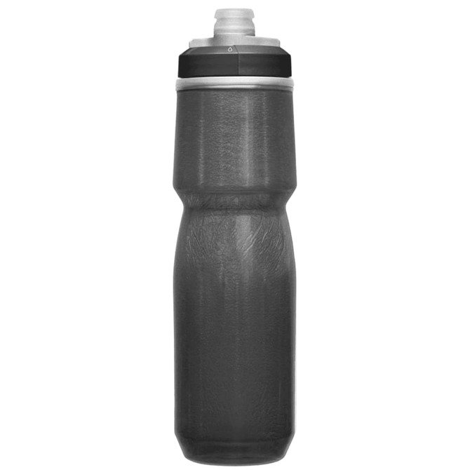 A drink bottle in a grey hue with a black cap, featuring a textured grip and a logo.