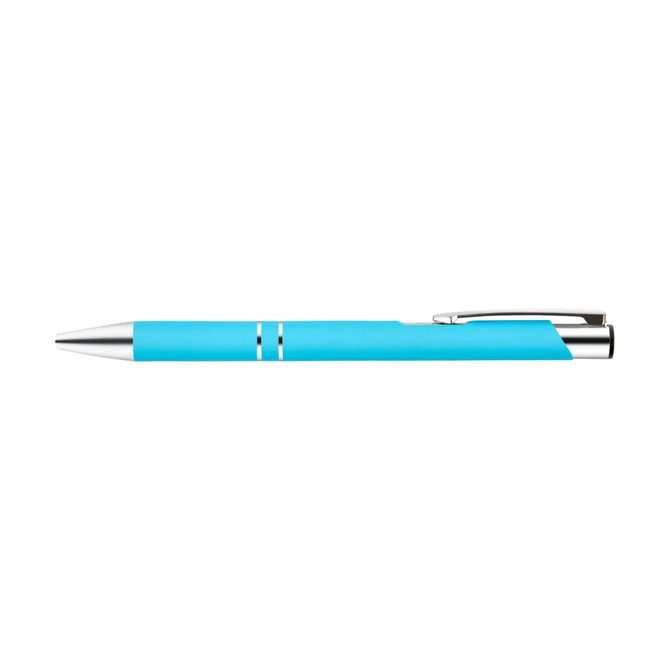 A metal pen in a vibrant light blue colour with chrome accents and a clip, featuring a logo.