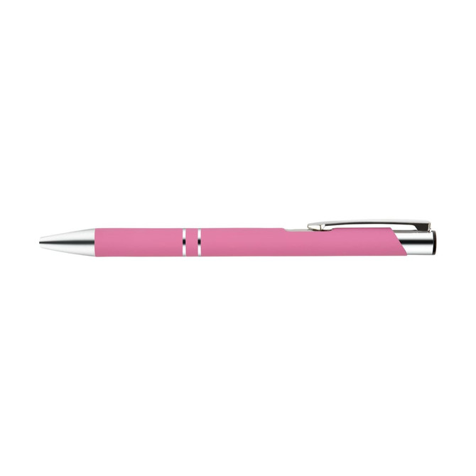 A pink metal pen with a shiny silver clip and accents, featuring a branding logo.