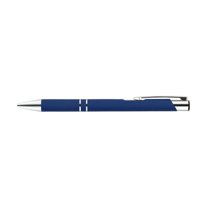 A blue metal pen with a chrome clip and accents, featuring a sleek, elegant design.