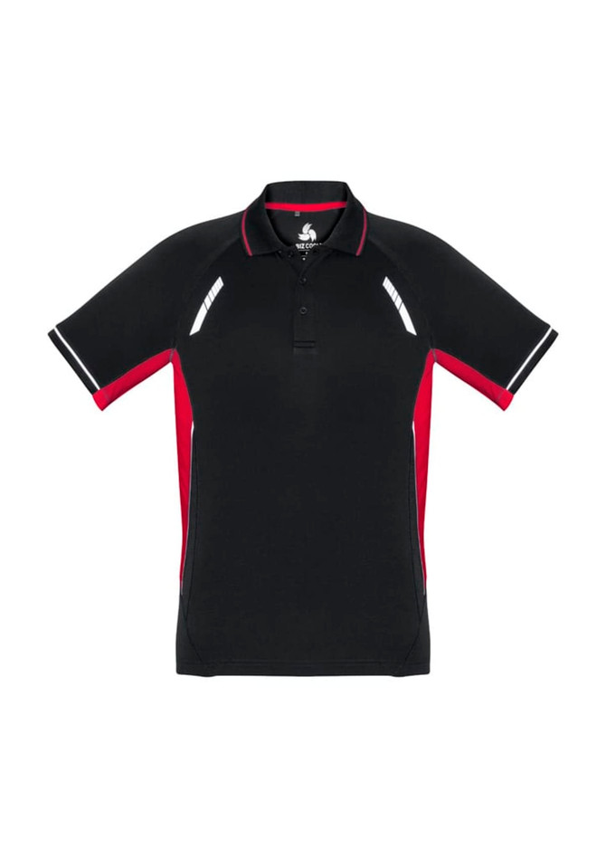 A black and red men's polo shirt featuring short sleeves and contrasting detailing, with a logo.
