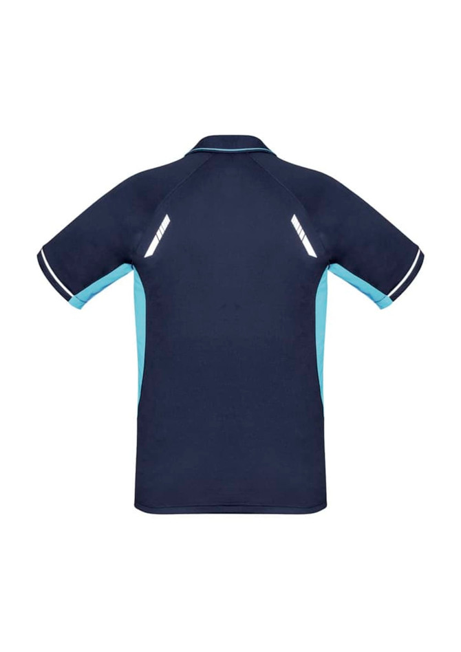 A navy blue short sleeve polo shirt with light blue accents and a logo on the front.