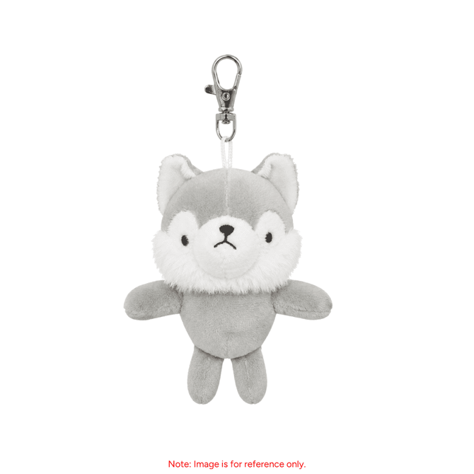 A grey plush keyring in the shape of a cute animal with a clip for attachment.