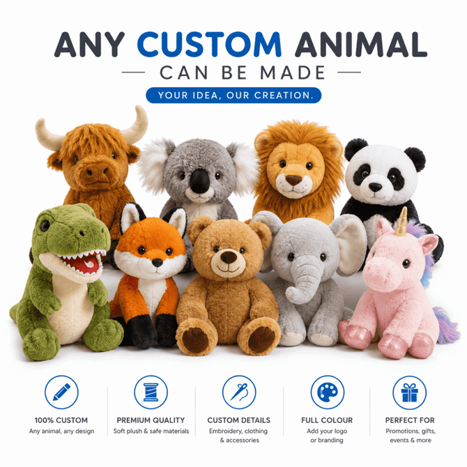 A collection of custom animal plush toys in various colours, featuring a dinosaur, fox, bear, unicorn, and more.