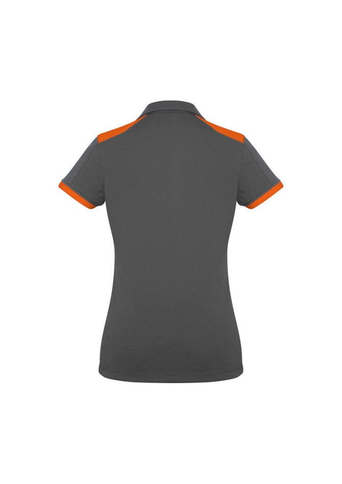 A women's short sleeve polo shirt in grey with orange accents and a logo on the back.