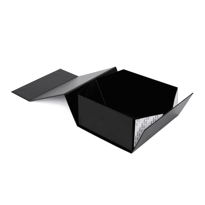 A medium, full colour black gift box with an open lid and a ribbon. Contains a branded interior design.