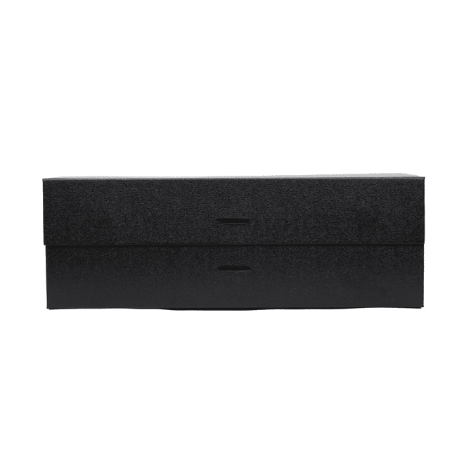 A small, black full-colour magnetic gift box with a ribbon, featuring cut-out handles.