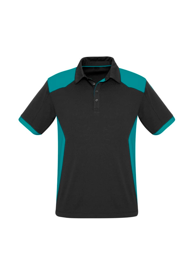 A short sleeve polo shirt in black with teal side panels and a collar. Features a logo on the chest.