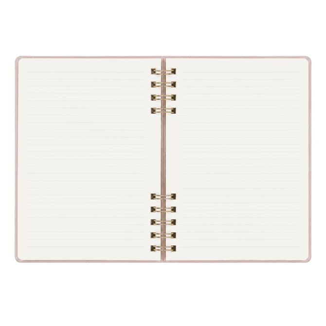 A Twin-Spiral PU hardcover notebook with lined pages and a metallic spiral binding in a soft pink design.