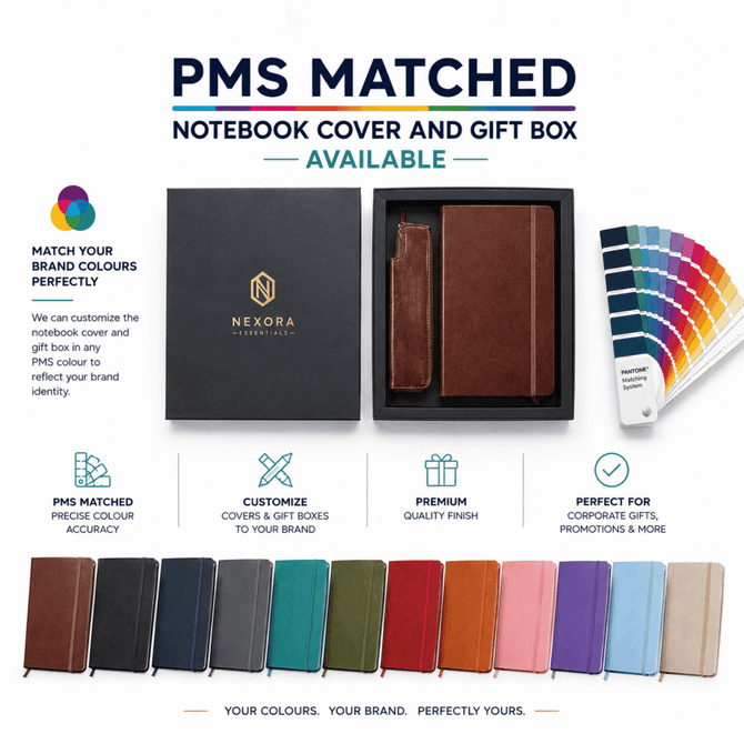 A brown soft cover notebook sits in a gift box alongside a pen pouch, with multiple notebook colours displayed below.