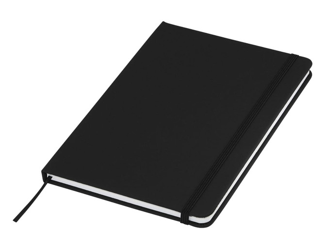 A black A5 notebook with a smooth cover, elastic closure, and a ribbon bookmark. It features a logo.