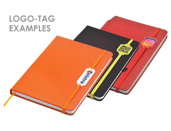 Three A5 notebooks in orange, black, and red, each featuring a logo tag and an elastic band closure.