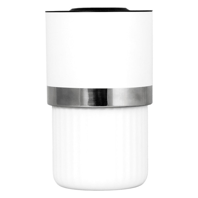 A wine cooler with an insulated white body and a stainless steel band. It features a sleek, modern design.