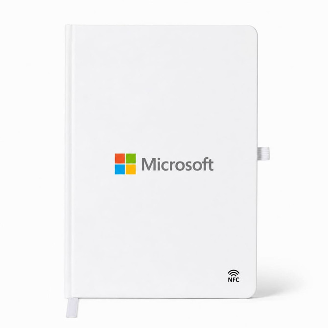A white A5 smart notebook featuring a logo, designed for office and business use.