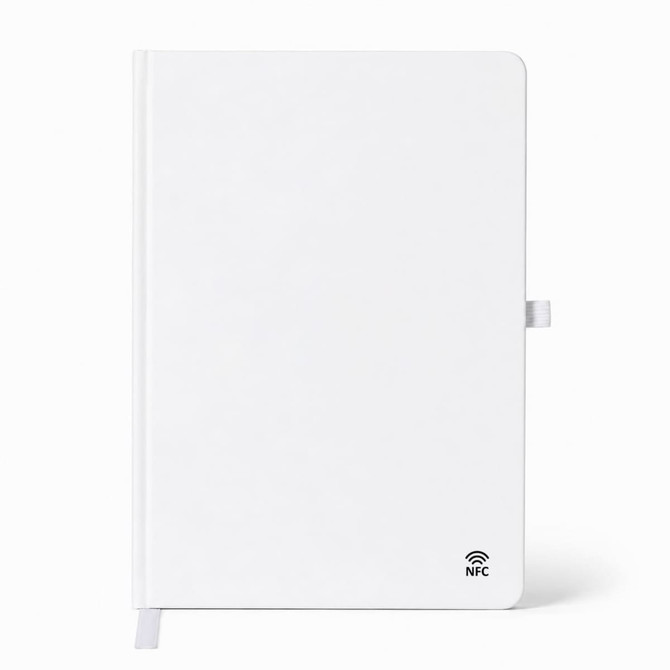 A white A5 notebook featuring NFC technology, with a sleek design and a subtle logo on the cover.