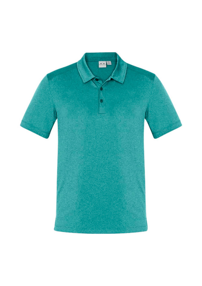 A turquoise short sleeve polo shirt with a collar and a logo on the chest.