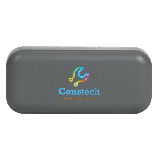 A grey tool case featuring a logo, containing a 55 in 1 pocket screwdriver tool set.