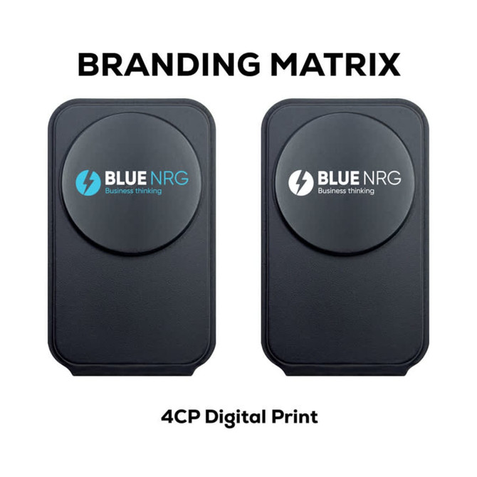 A black foldable wireless charger with two different designs, featuring a logo on the front.