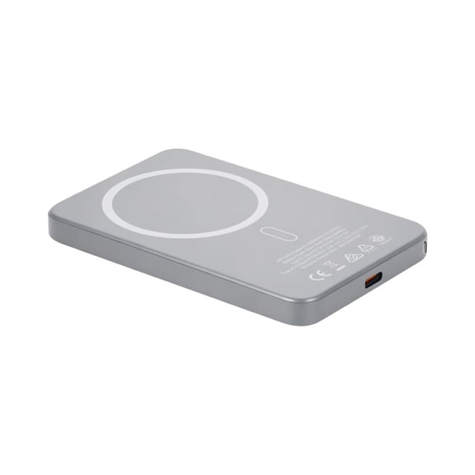 A grey MagSafe wireless power bank with a circular charging area and a USB-C port. It has a branding logo.