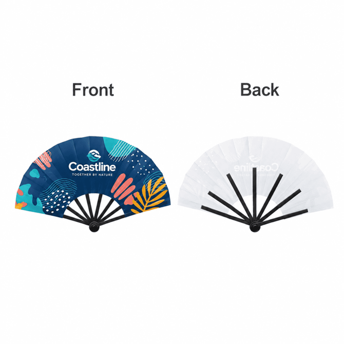A plastic hand fan featuring a colourful front design with blue and vibrant patterns and a plain white back.