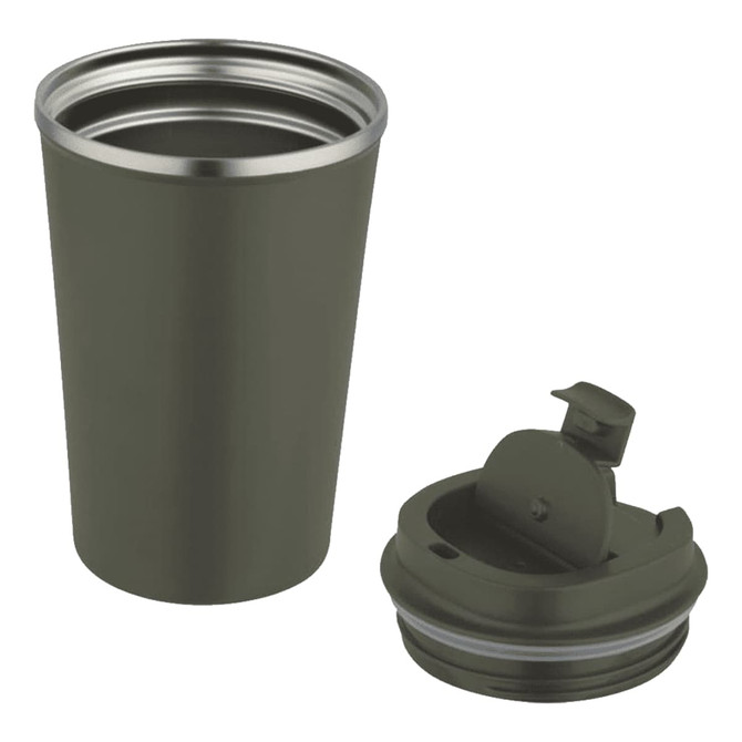 A drink bottle featuring a double wall vacuum design in olive green with a removable lid and spout.