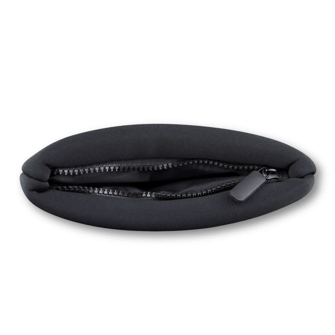 A black neoprene cosmetic bag with a zippered opening, featuring a smooth, rounded design and a subtle logo.