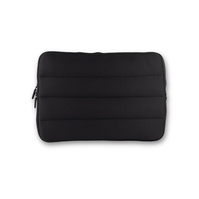 A black neoprene laptop sleeve featuring padded stitching and a zip closure. It includes a logo on the surface.